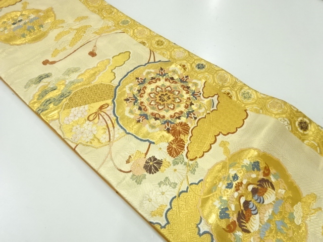 リサイクル　雲に鏡裏・向かい鳥・草花模様織出し袋帯